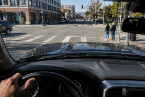 Large SUV approaching a pedestrian crosswalk illustrating vehicle blind zones