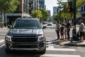 Pickup truck driver checking surroundings for pedestrians before turning