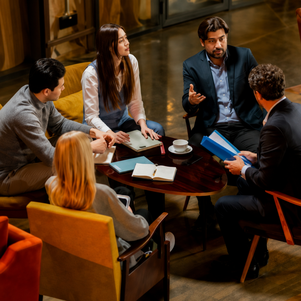 Professionals discussing accident information during a team meeting